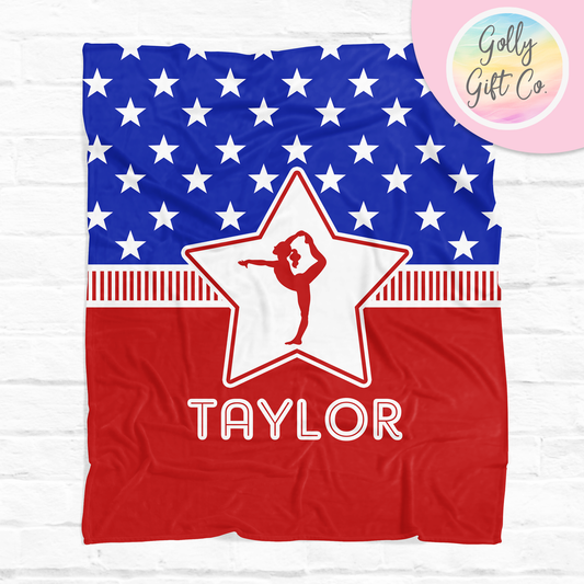 Personalized Gymnastics Patriotic USA Bedding - Girls Gymnastics USA Themed Fleece or Sherpa Throw Blanket With Red White and Blue Flag