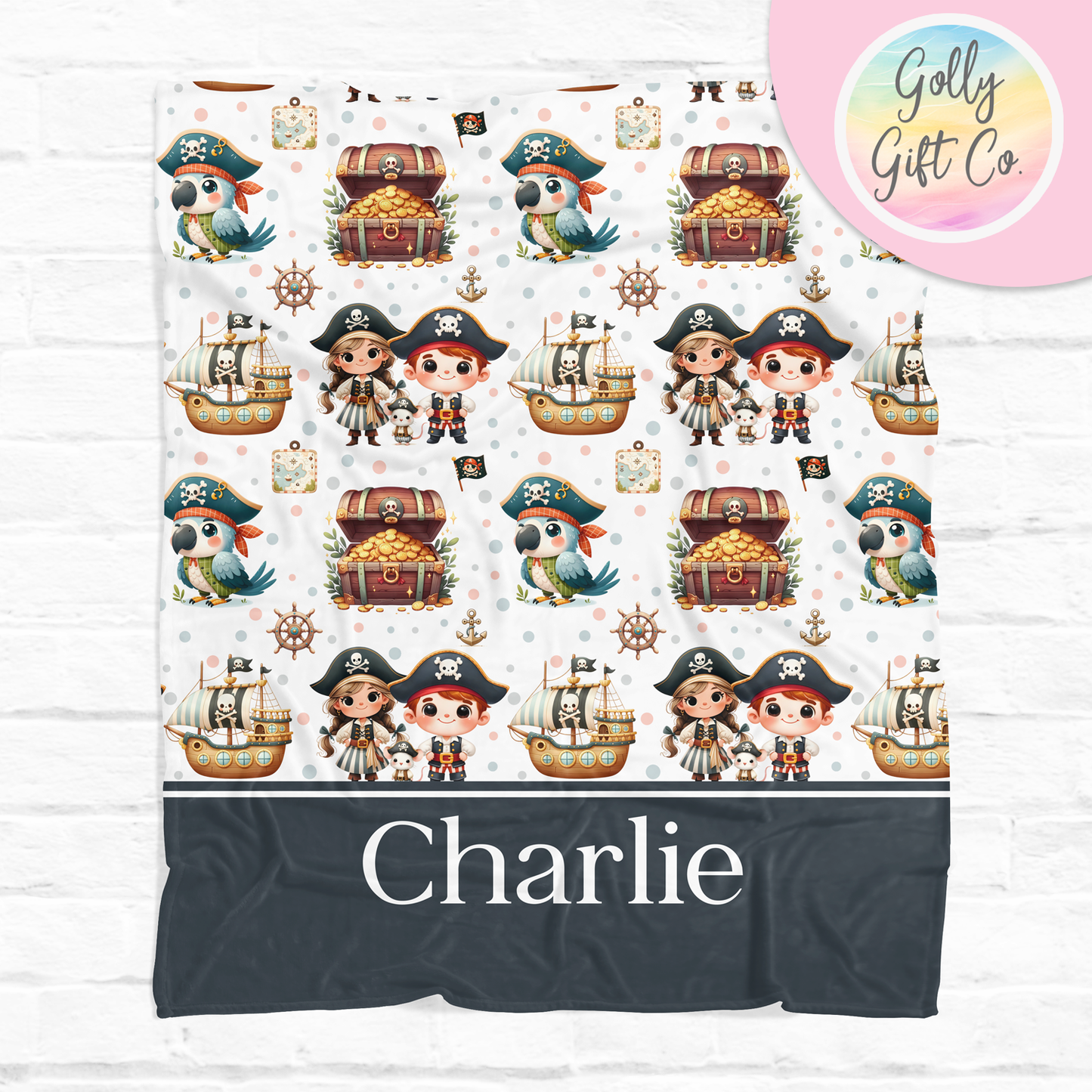 Personalized Pirate Fleece Blanket / Gift for Boy or Girl/ Customized Boys or Girls Gift / Your Name Pirates  and Spots Blanket Bedding