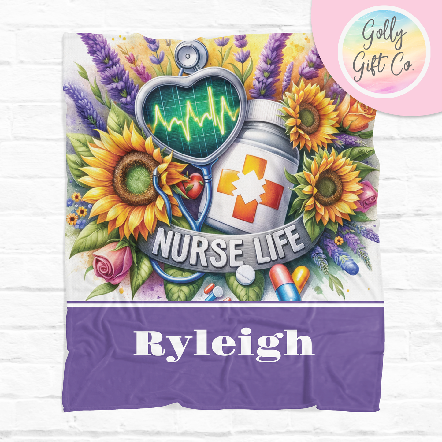 Personalized Name / Sunflowers Nurse Fleece Blanket - Nursing Themed Fleece or Sherpa Throw Blanket - Nurse Bedding - Monogrammed Nurse Gift