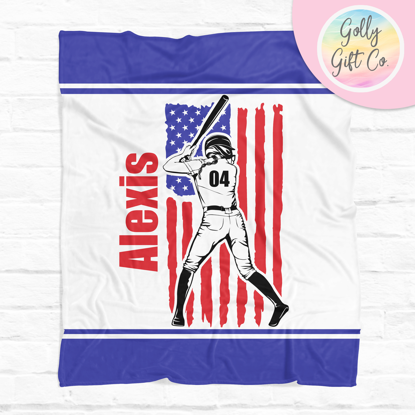 Personalized Softball Blanket - Patriotic USA Softball Fleece or Sherpa Throw Blanket - Gift for Softball Player With Name and Number