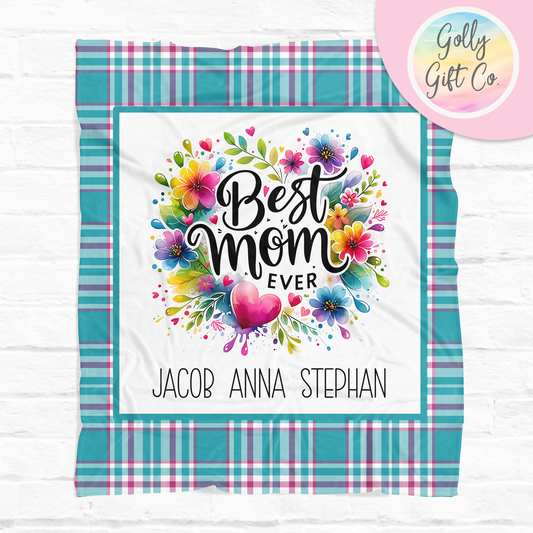 Personalized Mom Blanket with Kids Names - Floral Best Mom Ever - Fleece Blanket Gift for Mom - Pink and Blue - Mother's Day Gift/Christmas