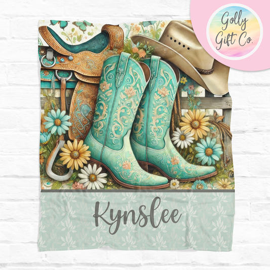 Personalized Turquoise Boots Blanket - Cowboy Boots and Daisies - Gift for Cowgirl - Monogrammed Fleece Blanket for Country and Western Girl