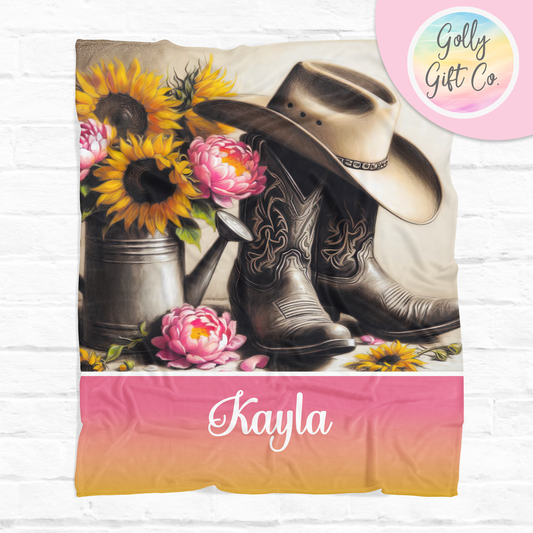 Personalized Country Girl Blanket - Cowboy Boots and Sunflowers - Gift for Cowgirl - Monogrammed Fleece Blanket for Country and Western Girl