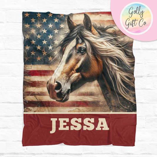 Personalized Rustic American Flag and Horse Blanket - Gift for Cowgirl - Patriotic Monogrammed Fleece Blanket for Country and Western Girl