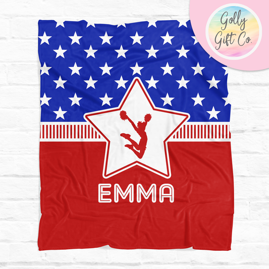 Personalized Cheerleading Blanket - Patriotic USA Cheerleader Themed Fleece or Sherpa Throw Blanket - Bedding Gift for Cheerleaders