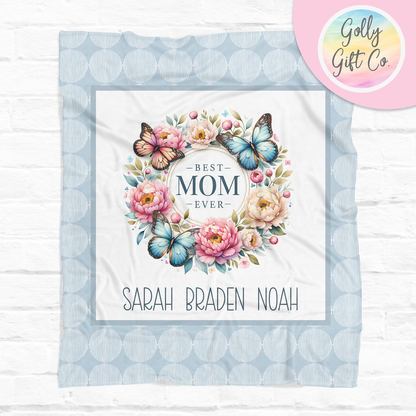 Personalized Mom Blanket with Kids Names - Butterfly Mom - Fleece Blanket Gift for Mom - Floral - Mother's Day Gift/Christmas