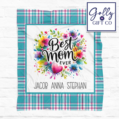 Personalized Mom Blanket with Kids Names - Floral Best Mom Ever - Fleece Blanket Gift for Mom - Pink and Blue - Mother's Day Gift/Christmas
