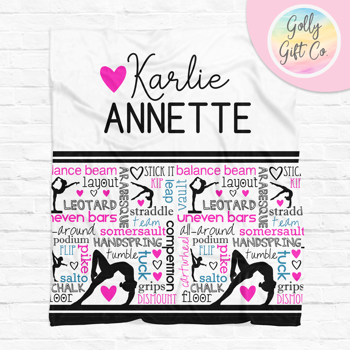 Personalized Gymnastics Fleece Blanket - 2 Names Typography Blanket for Gymnast - Golly Gift Co