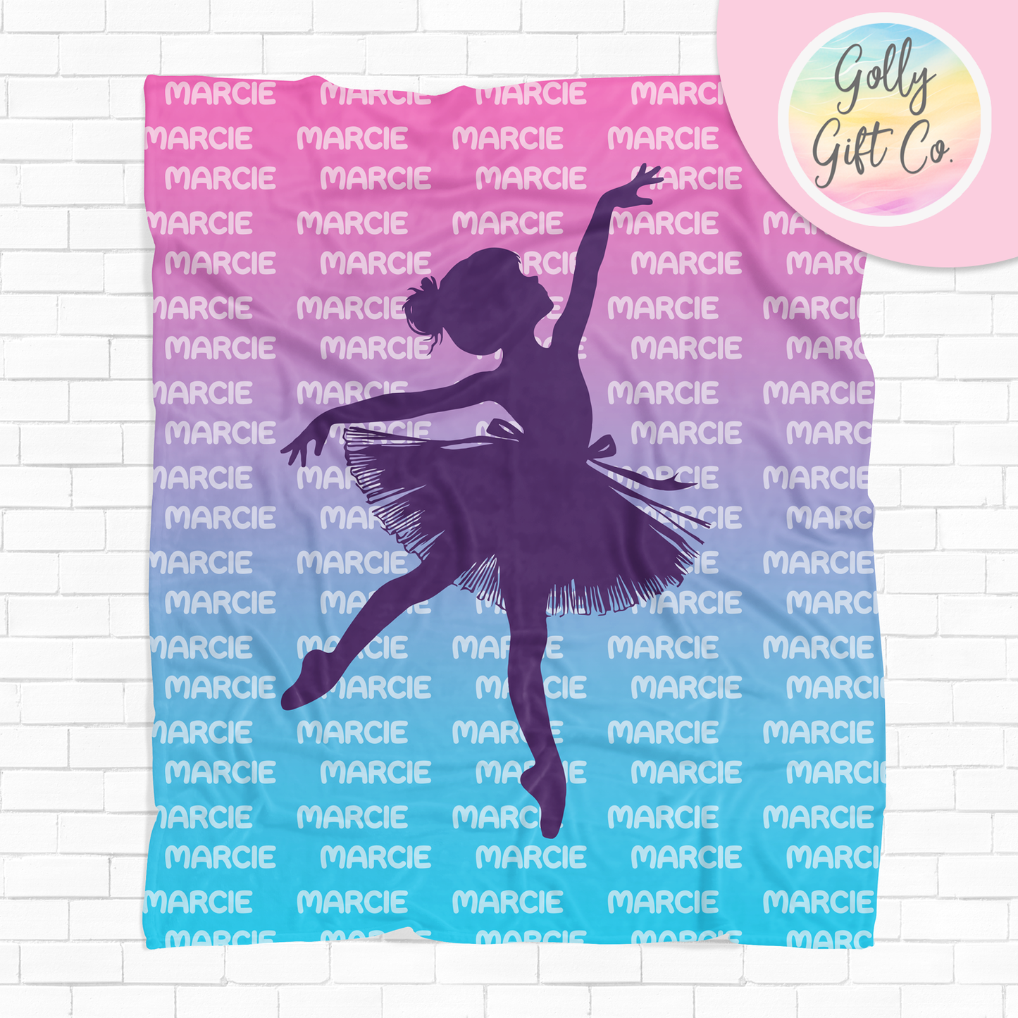 Personalized Name Shadow Gradient Dancer Bedding - Girls Ballet Dance Themed Fleece or Sherpa Throw Blanket - Golly Gift Co