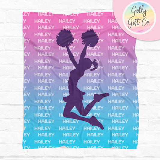 Personalized Name Shadow Gradient Cheerleader Bedding - Girls Cheerleading Themed Fleece or Sherpa Throw Blanket - Golly Gift Co