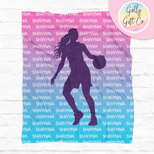 Personalized Name Shadow Gradient Basketball Bedding - Basketball Themed Fleece or Sherpa Throw Blanket - Golly Gift Co