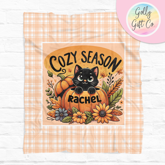 It's Cozy Season Black Cat in a Pumpkin Personalized Blanket - Customized Fleece Blanket for Fall/Thanksgiving Gift for Girl Who Loves Cats - Golly Gift Co