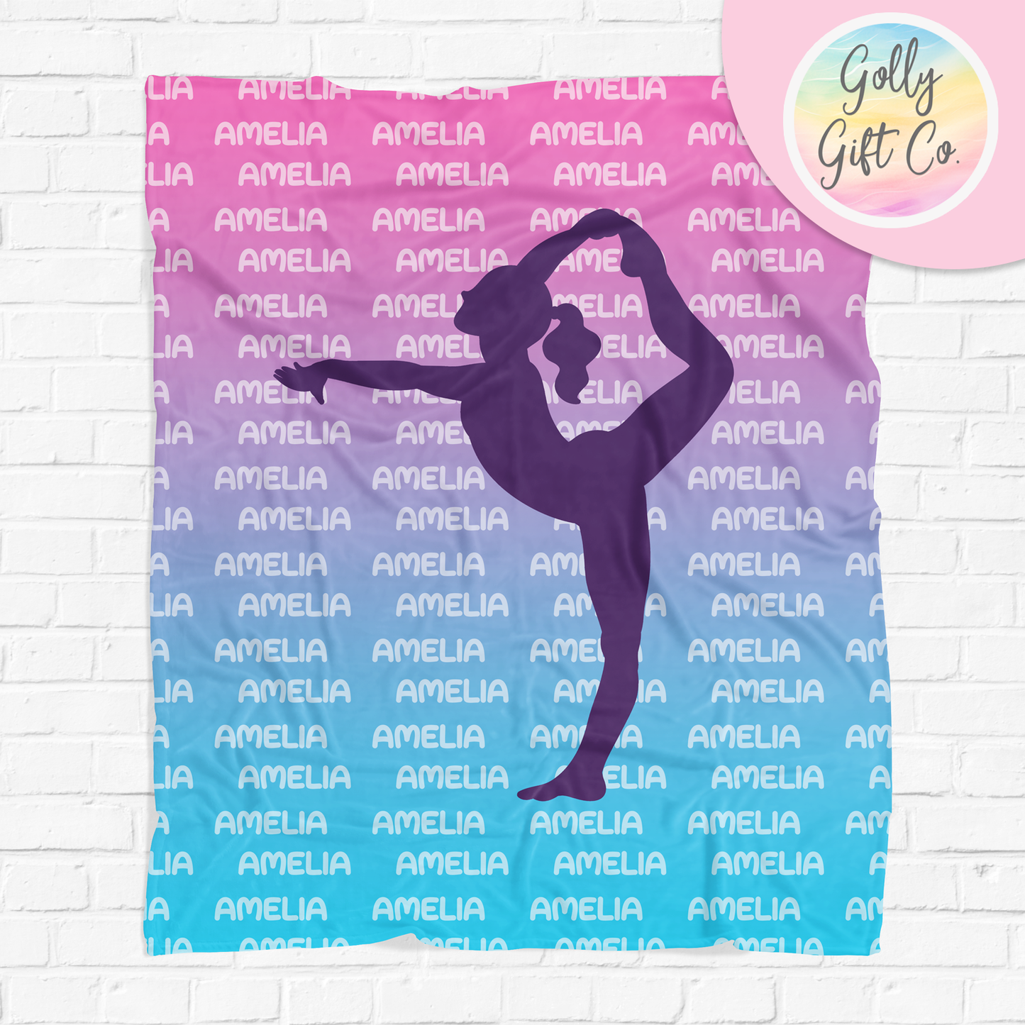 Personalized Name Shadow Gradient Gymnastics Bedding - Girls Gymnastics Themed Fleece or Sherpa Throw Blanket - Golly Gift Co