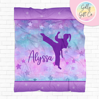 Personalized Cosmic Purple Karate Bedding - Martial Arts Themed Fleece or Sherpa Throw Blanket for Girls Who Do Martial Arts - Golly Gift Co