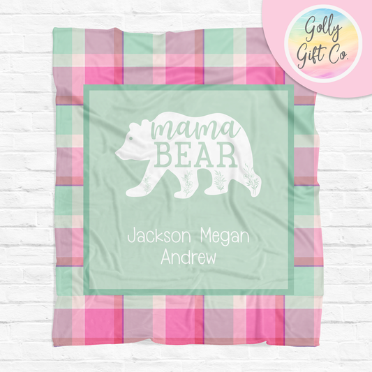 Personalized Mom Blanket with Kids Names - Mama Bear - Fleece Blanket Gift for Mom - Pink and Mint Plaid - Mother's Day Gift/Christmas - Golly Gift Co