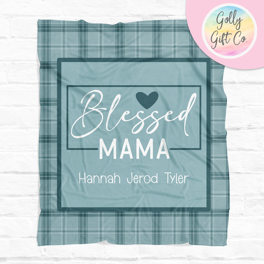 Personalized Mom Blanket with Kids Names - Blessed Mama - Fleece Blanket Gift for Mom - Purple or Blue Plaid Blanket for Mom with Kids Names - Golly Gift Co