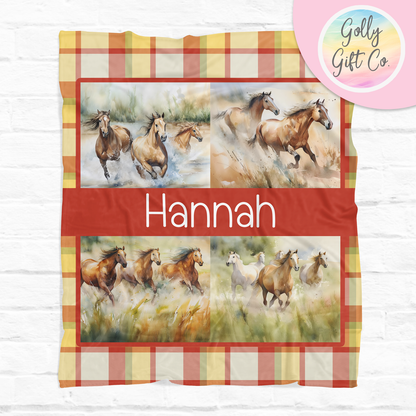 Personalized Wild Horses Fleece Blanket - Gift for Cowgirls and Horse Lovers - Country and Western Bedding for Girls Who Love Horses - Golly Gift Co