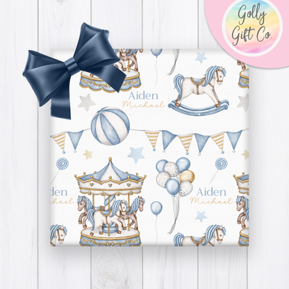 Personalized Blue Carousel Wrapping Paper - Your Name Baby Birthday or Baby Shower Gift Wrap - Baby's Name on Blue Carousel Gift Wrap