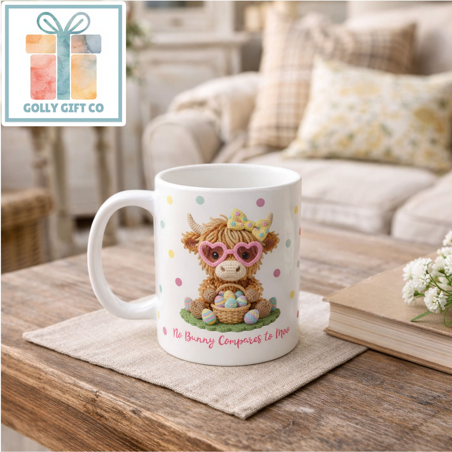 Yarn Style Highland Cow Easter Mug | Cute Animal Coffee Cup | Easter Gift for Her | No Bunny Compares to Moo - Golly Gift Co