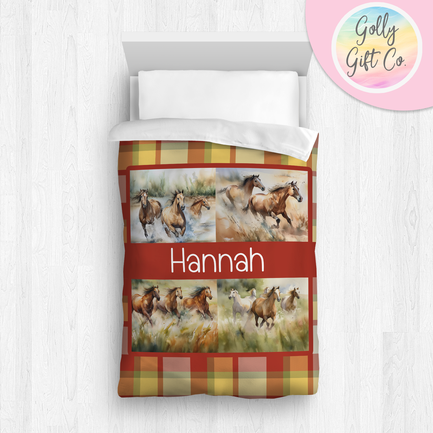 Personalized Girl's Wild Horses Bedding / Country and Western Duvet / Cowgirl Comforter / Country Girl / Customized Horses Bed Set / Pillow - Golly Gift Co