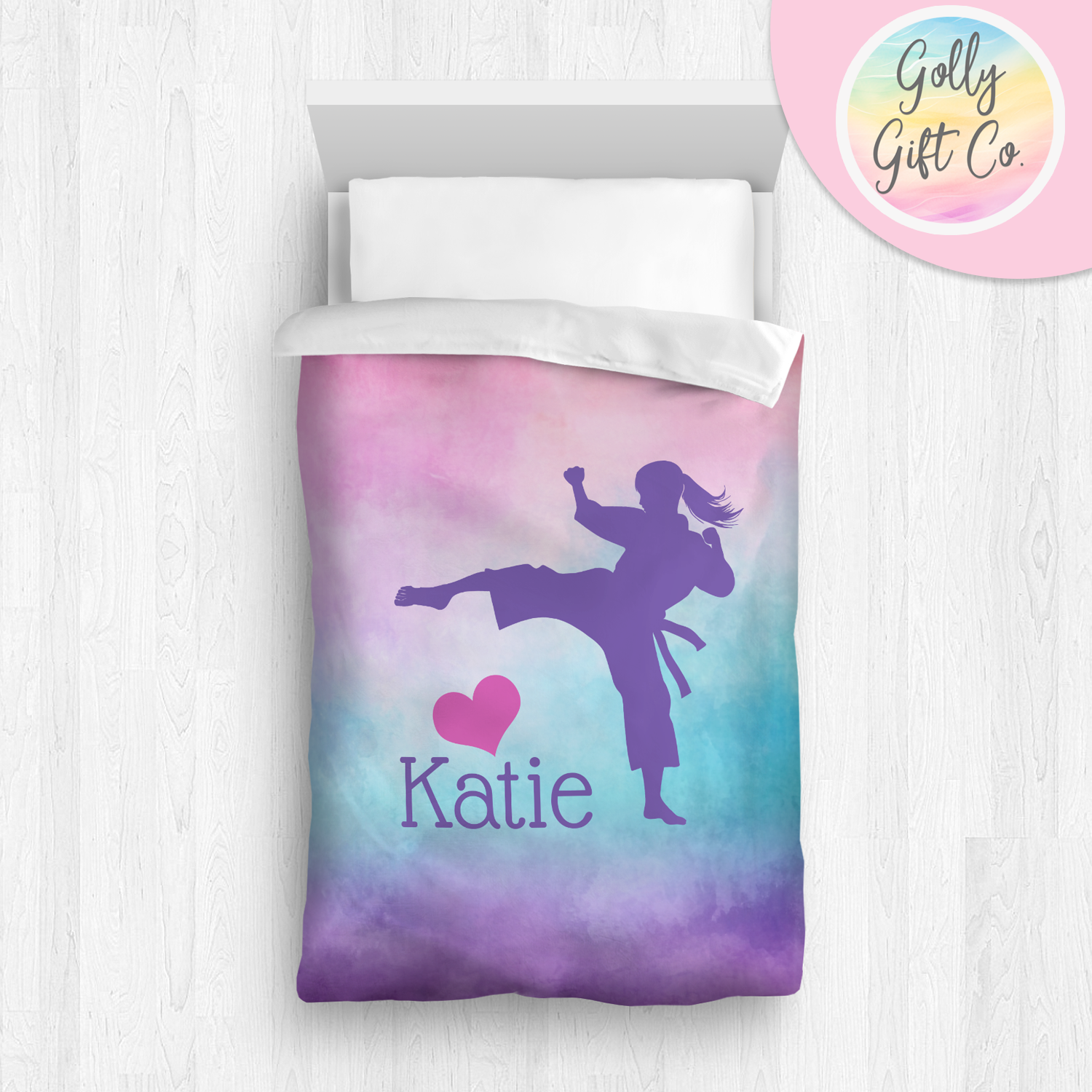 Personalized Girl's Martial Arts / Karate Bedding / Customized Martial Arts Duvet or Comforter Throw Pillow Sham / On a Cloud / Bed Set - Golly Gift Co