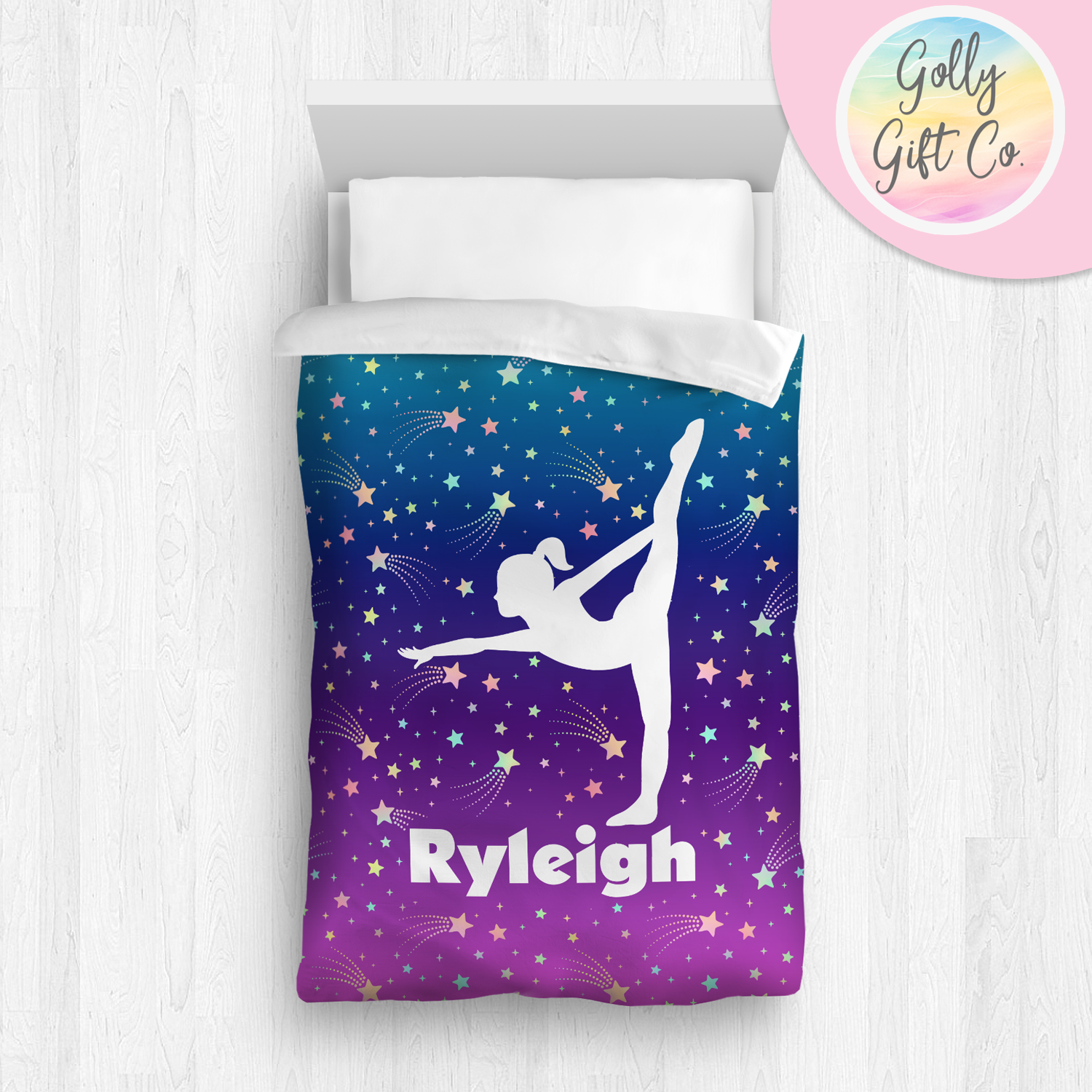 Personalized Girl's Gymnastics Bedding / Gymnastics Bed Set / Among the Stars Gymnastics Duvet or Comforter Throw Pillow Sham / Customized - Golly Gift Co