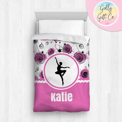 Personalized Girl's Dance Bedding - Duvet or Comforter -Inky Circles- Monogrammed Dancer Bed Set for Girls Who Dance - Custom Bedding - Golly Gift Co