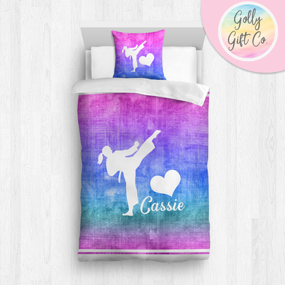 Personalized Girl's Martial Arts / Karate Bedding / Customized Martial Arts Duvet or Comforter Throw Pillow Sham / Purple Gradient / Bed Set