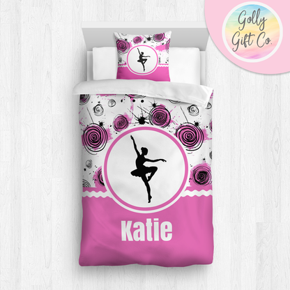 Personalized Girl's Dance Bedding - Duvet or Comforter -Inky Circles- Monogrammed Dancer Bed Set for Girls Who Dance - Custom Bedding - Golly Gift Co