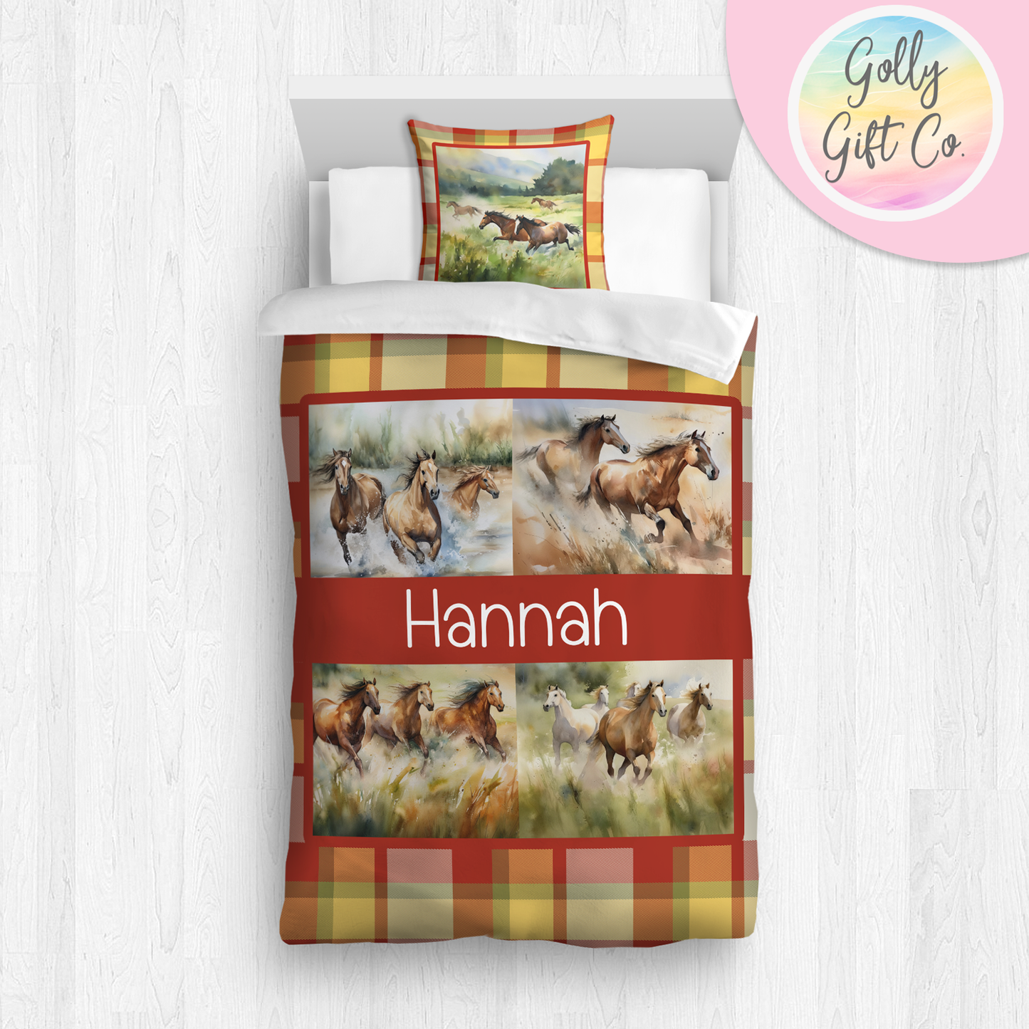 Personalized Girl's Wild Horses Bedding / Country and Western Duvet / Cowgirl Comforter / Country Girl / Customized Horses Bed Set / Pillow - Golly Gift Co