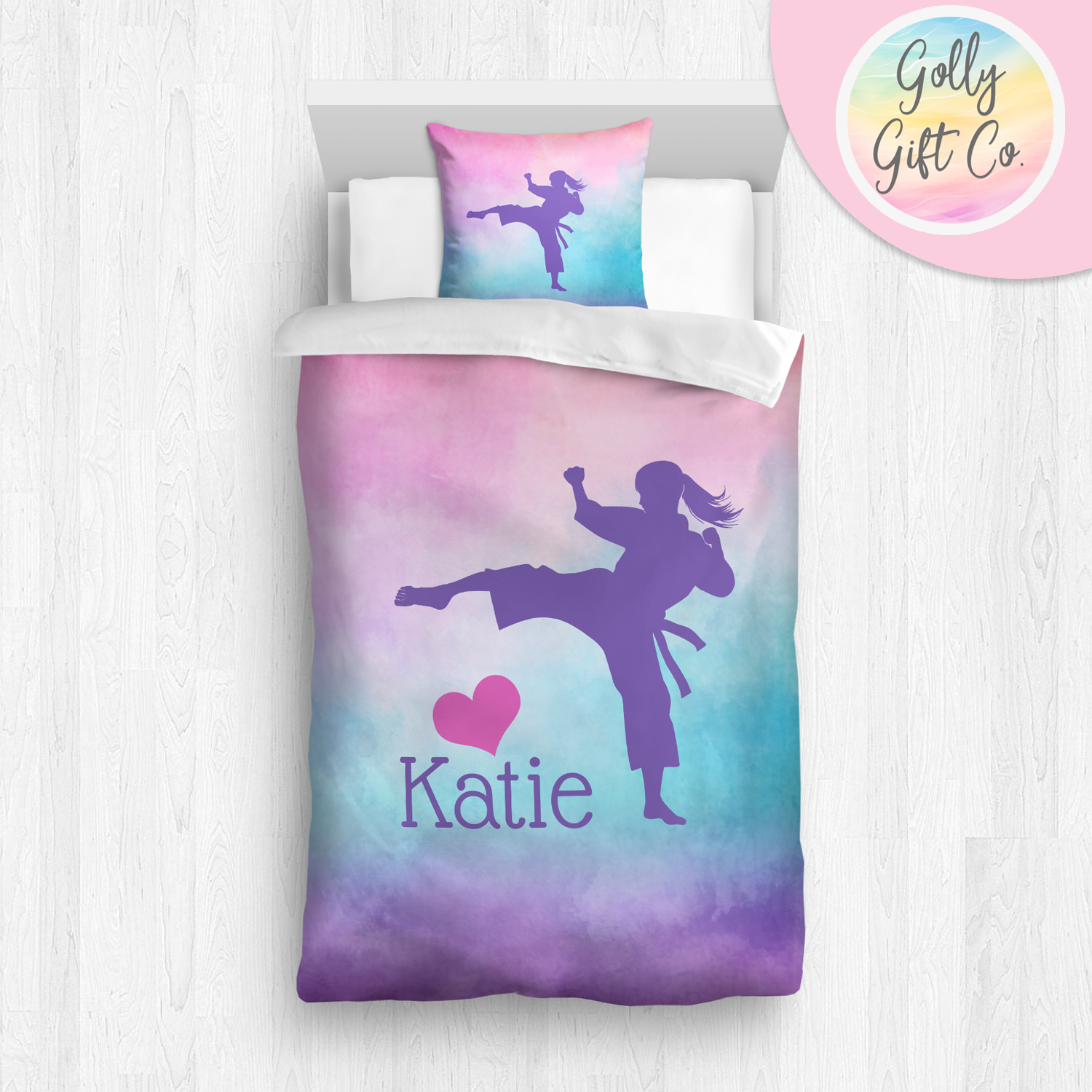 Personalized Girl's Martial Arts / Karate Bedding / Customized Martial Arts Duvet or Comforter Throw Pillow Sham / On a Cloud / Bed Set - Golly Gift Co