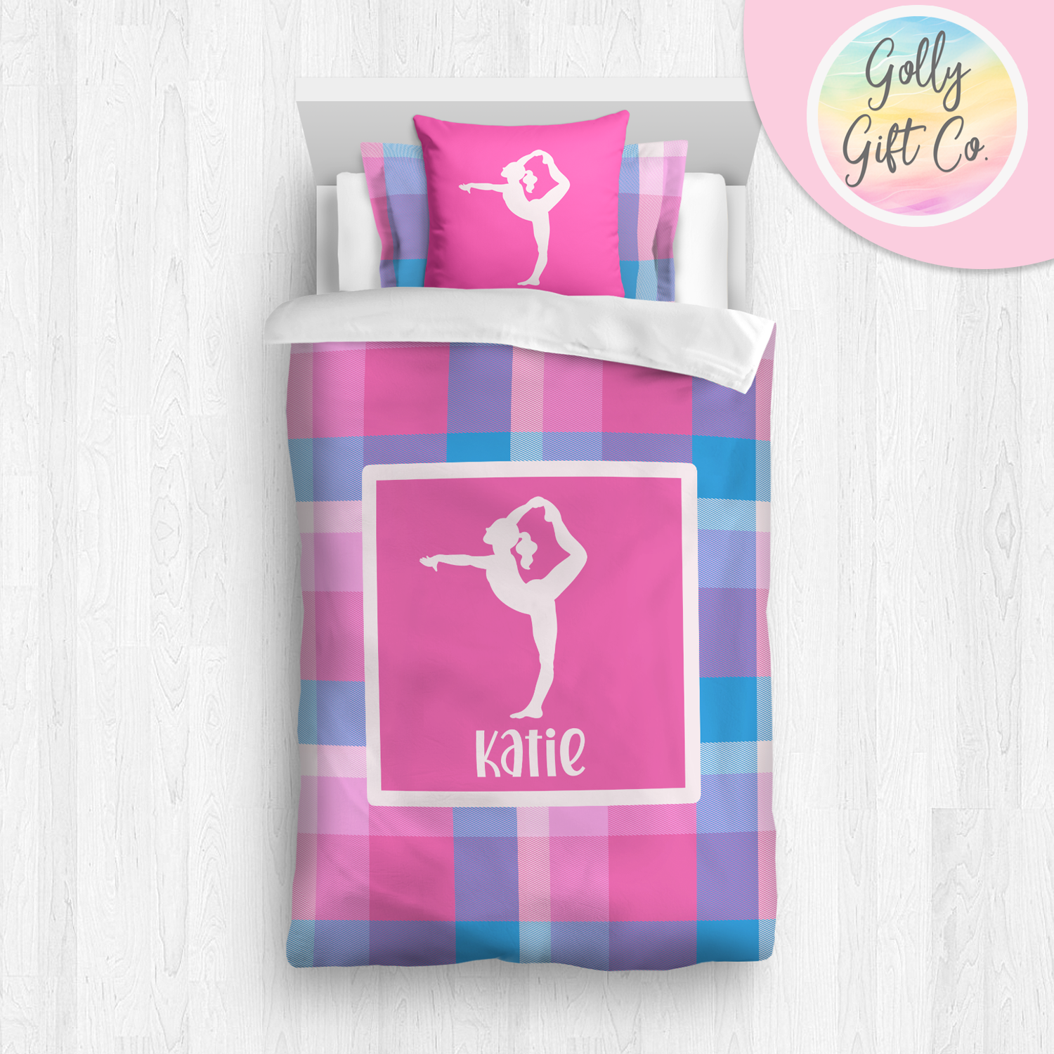 Personalized Girl's Gymnastics Bedding / Gymnastics Duvet / Gymnastics Comforter / Pink Passion Plaid / Customized Gymnastics Bed Set - Golly Gift Co