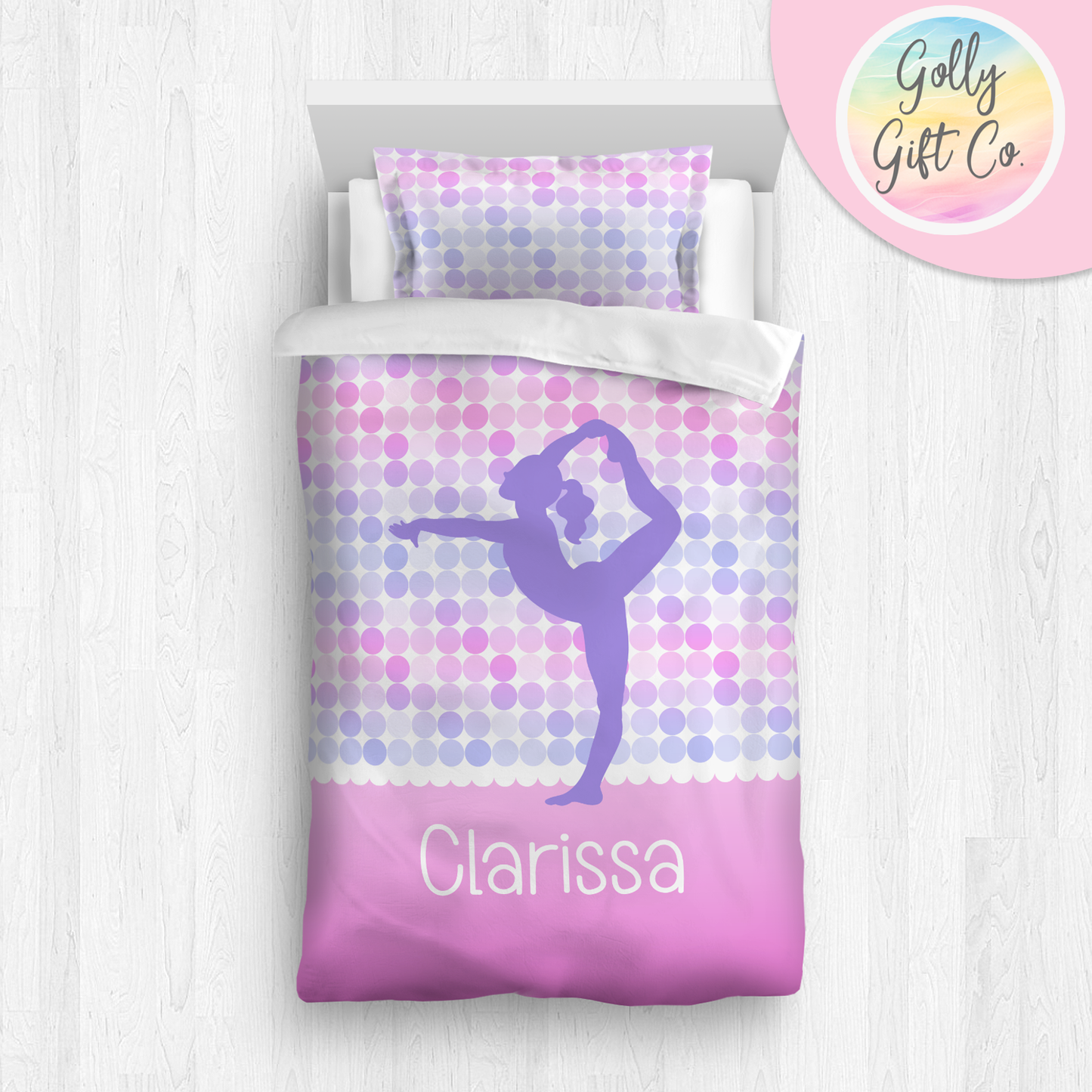 Personalized Girl's Gymnastics Bedding / Gymnastics Duvet / Gymnastics Comforter / Happy Polka-Dots / Customized Gymnastics Bed Set / Pillow - Golly Gift Co