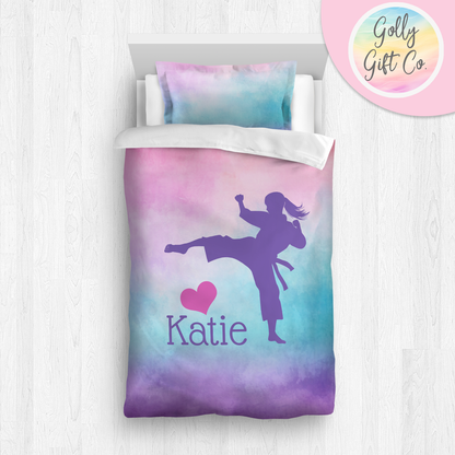 Personalized Girl's Martial Arts / Karate Bedding / Customized Martial Arts Duvet or Comforter Throw Pillow Sham / On a Cloud / Bed Set - Golly Gift Co