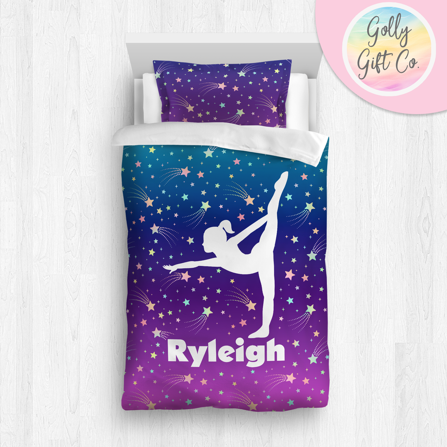 Personalized Girl's Gymnastics Bedding / Gymnastics Bed Set / Among the Stars Gymnastics Duvet or Comforter Throw Pillow Sham / Customized - Golly Gift Co