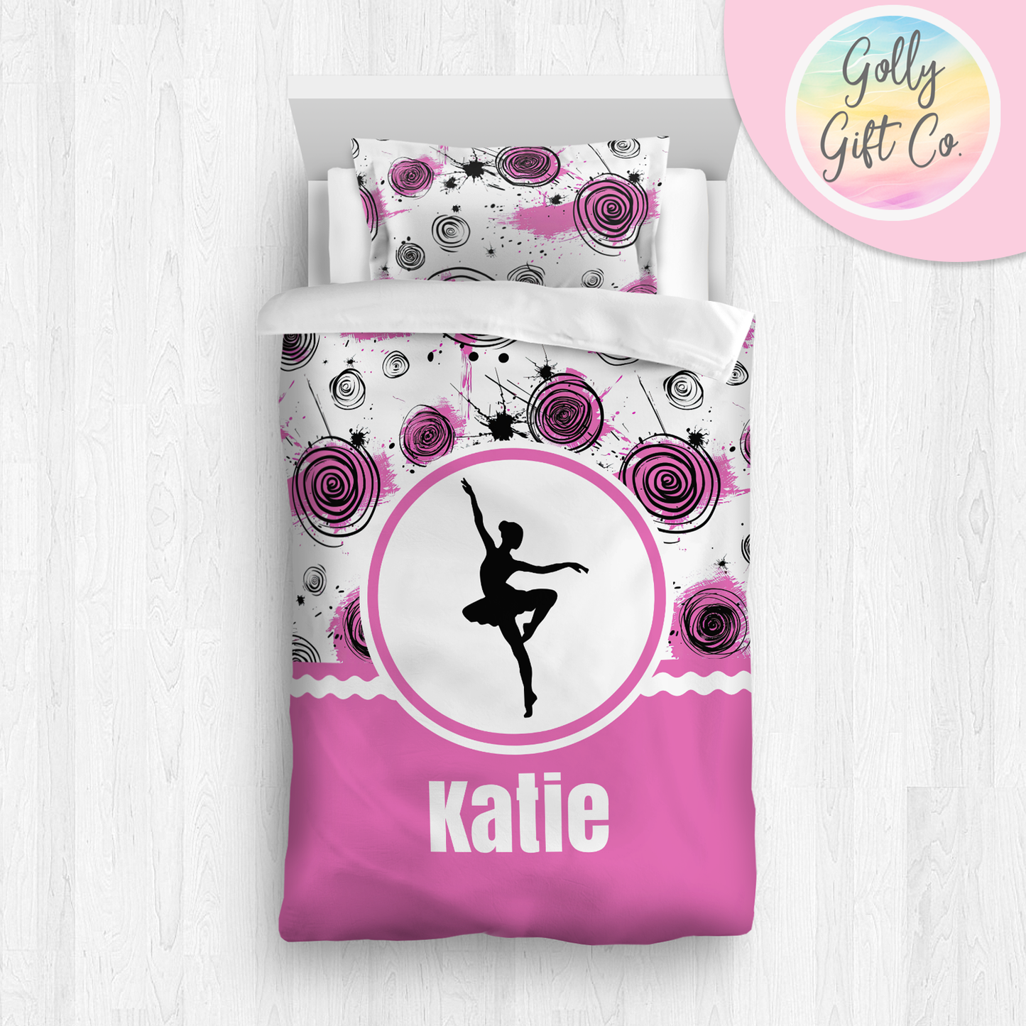 Personalized Girl's Dance Bedding - Duvet or Comforter -Inky Circles- Monogrammed Dancer Bed Set for Girls Who Dance - Custom Bedding - Golly Gift Co