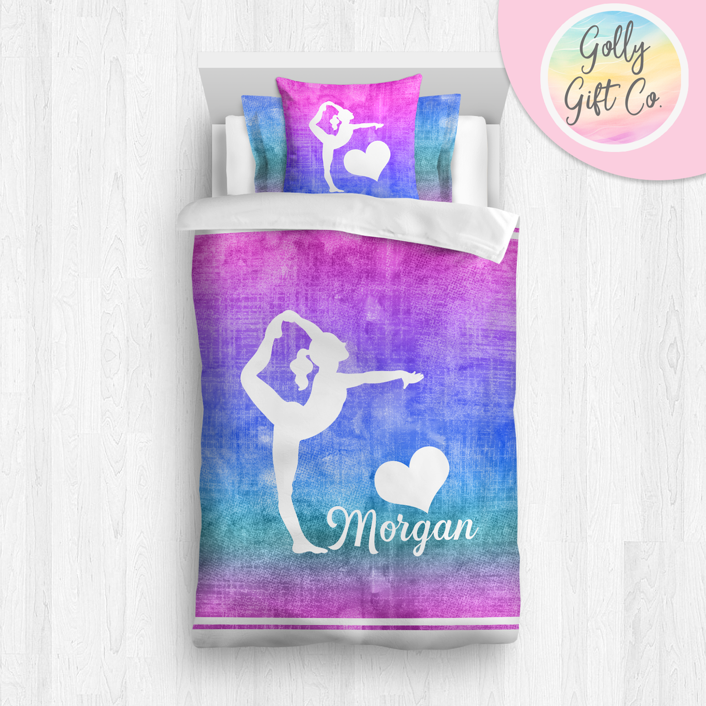 Personalized Girl's Gymnastics Bedding / Gymnastics Duvet / Gymnastics Comforter / Purple Gradient / Customized Gymnastics Bed Set / Pillow - Golly Gift Co