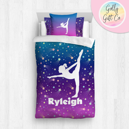 Personalized Girl's Gymnastics Bedding / Gymnastics Bed Set / Among the Stars Gymnastics Duvet or Comforter Throw Pillow Sham / Customized - Golly Gift Co