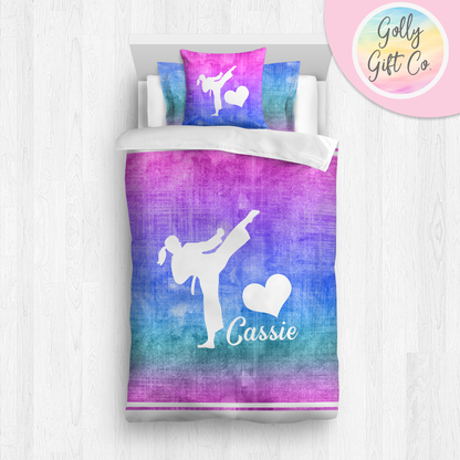 Personalized Girl's Martial Arts / Karate Bedding / Customized Martial Arts Duvet or Comforter Throw Pillow Sham / Purple Gradient / Bed Set