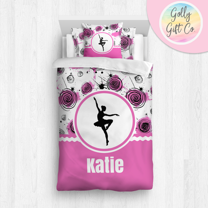 Personalized Girl's Dance Bedding - Duvet or Comforter -Inky Circles- Monogrammed Dancer Bed Set for Girls Who Dance - Custom Bedding - Golly Gift Co