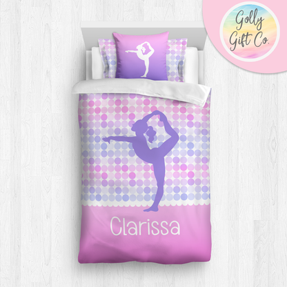 Personalized Girl's Gymnastics Bedding / Gymnastics Duvet / Gymnastics Comforter / Happy Polka-Dots / Customized Gymnastics Bed Set / Pillow - Golly Gift Co