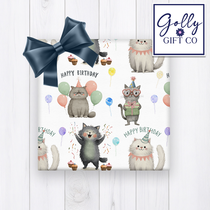 Adorable Birthday Cats with Balloons Wrapping Paper - Gift Wrap for Cat Lovers Birthdays with Cute Cats Saying Happy Birthday