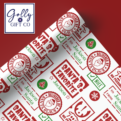 Personalized Christmas Wrapping Paper From Santa -Name Christmas Gift Wrap -Child's Name From Santa Christmas Gift Wrap -Santa's Favorite