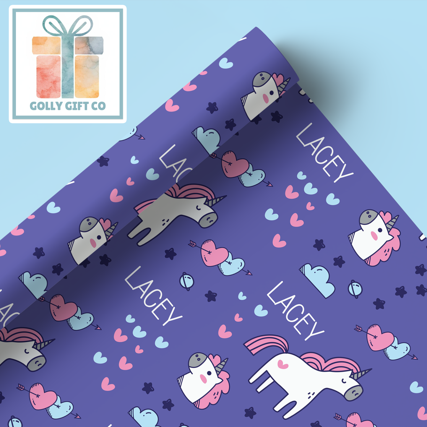 Personalized Special Occasion Unicorn Wrapping Paper - Birthday Gift Wrap for Girls with Unicorns, Hearts, and Stars - Golly Gift Co