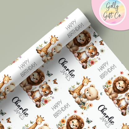 Personalized Special Occasion Wrapping Paper - Birthday - Baby Shower - Little Boy or Little Girl - Baby Animals and Teddy Bear Gift Wrap - Golly Gift Co