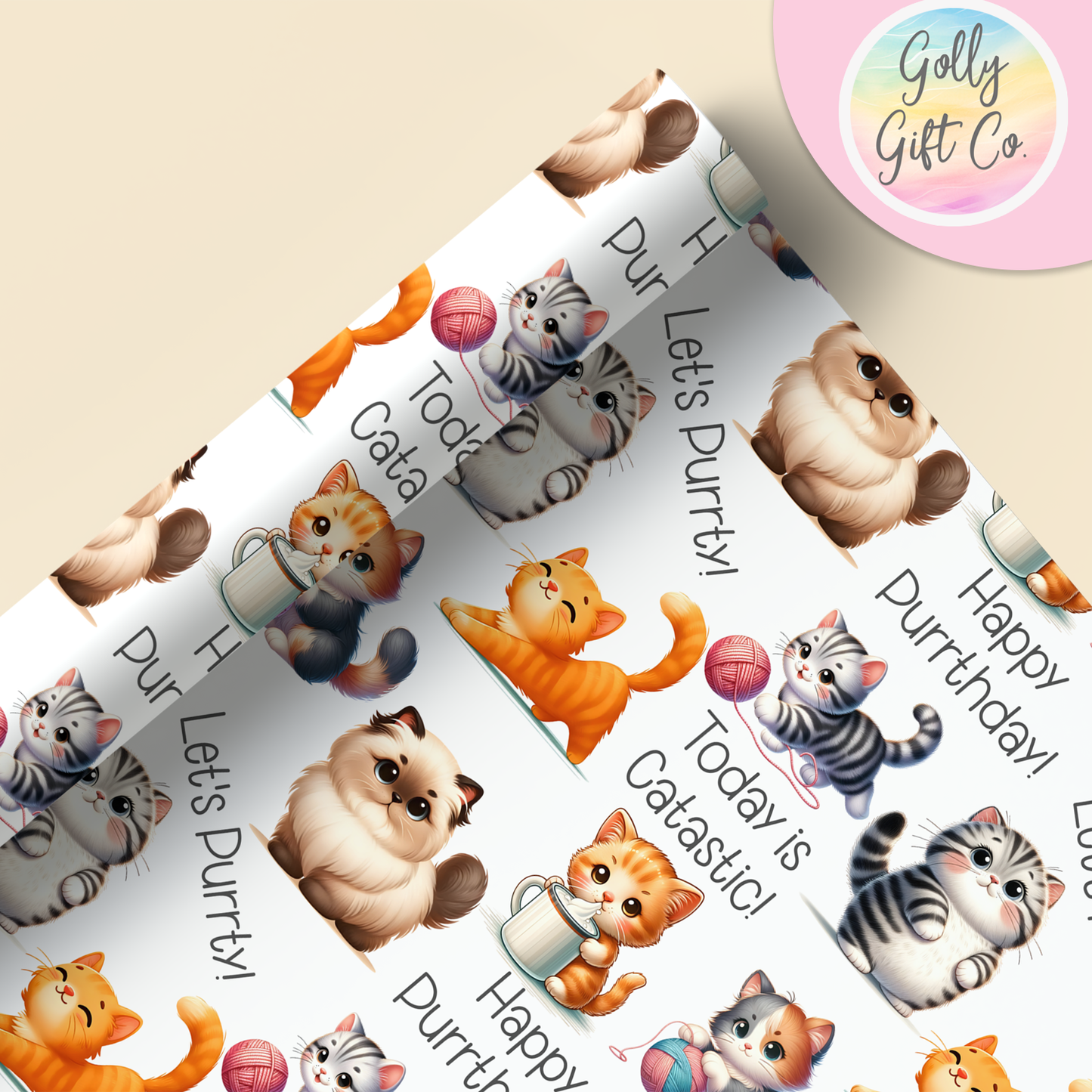 Let's Purrty Adorable Cat Wrapping Paper - Gift Wrap - Kittens and Cats Happy Purrthday Cat Puns Birthday or Other Occasion Wrapping Paper - Golly Gift Co