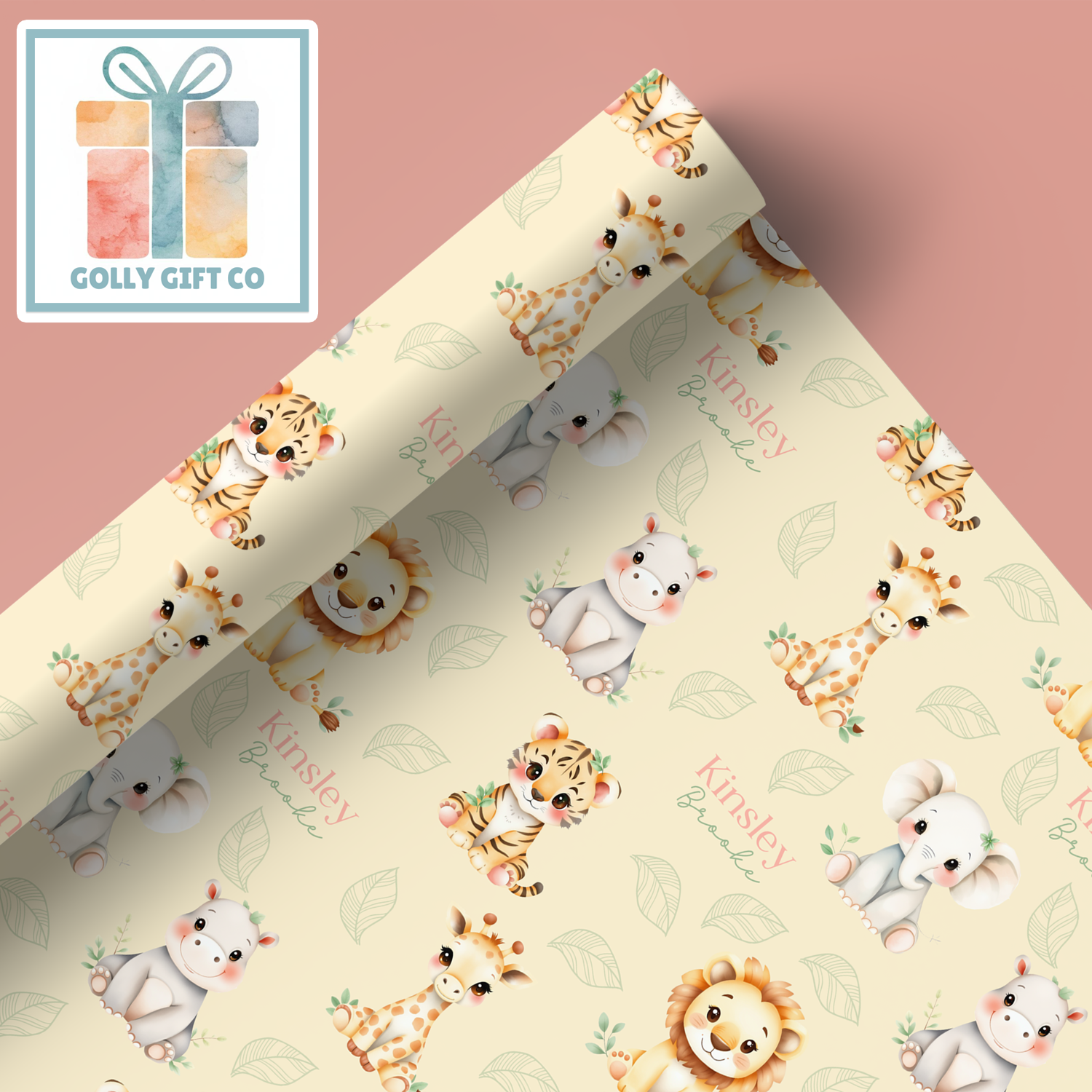 Custom Baby Name Wrapping Paper | Safari Animals Gift Wrap | Personalized Baby Shower Present Wrap - Golly Gift Co