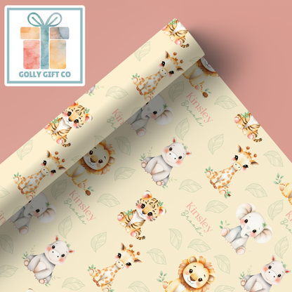 Custom Baby Name Wrapping Paper | Safari Animals Gift Wrap | Personalized Baby Shower Present Wrap - Golly Gift Co