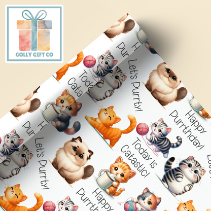 Let's Purrty Adorable Cat Wrapping Paper - Gift Wrap - Kittens and Cats Happy Purrthday Cat Puns Birthday or Other Occasion Wrapping Paper - Golly Gift Co