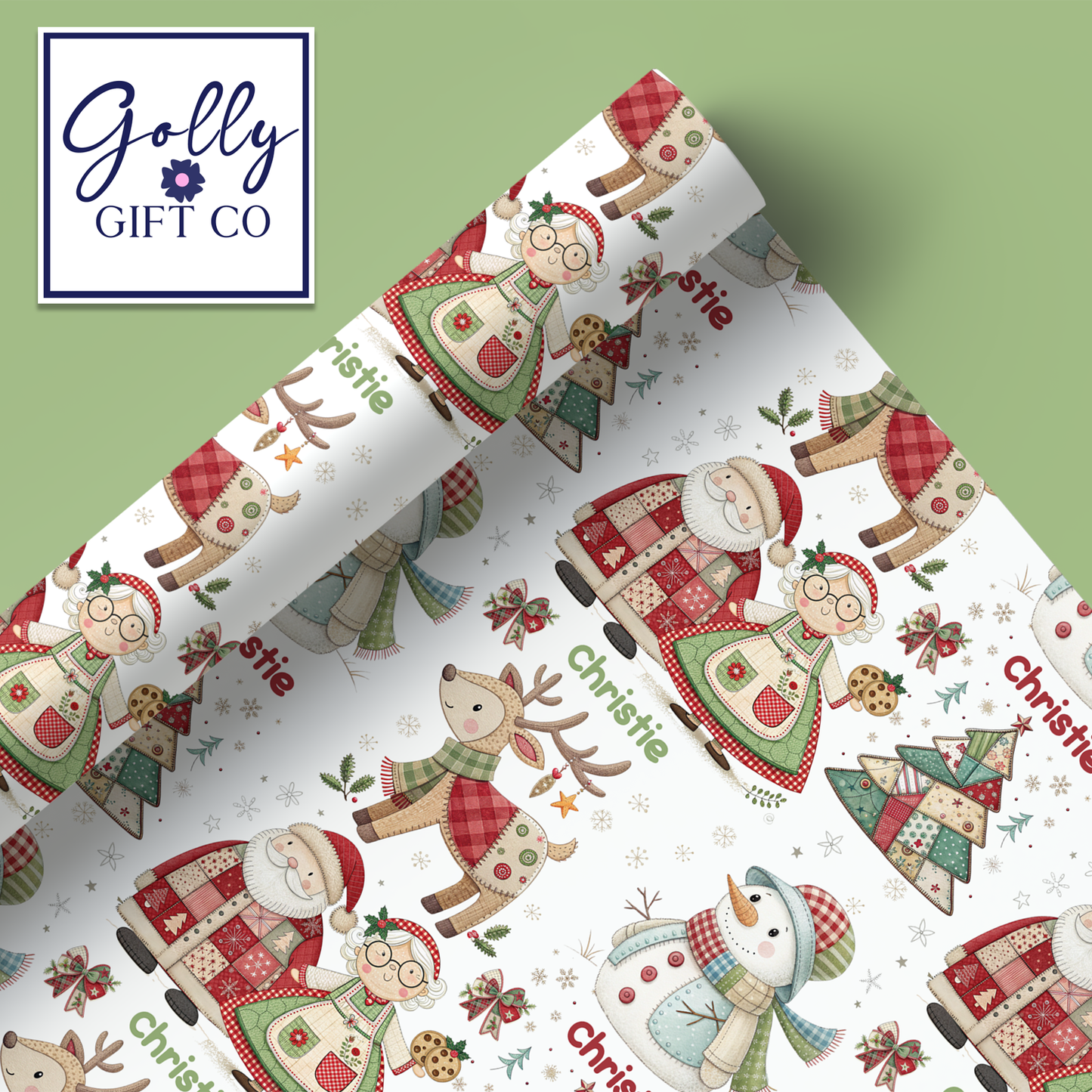 Personalized Patchwork Christmas Wrapping Paper - Your Name Christmas Gift Wrap - Custom Gift Wrap for Christmas With Santa and Mrs Claus
